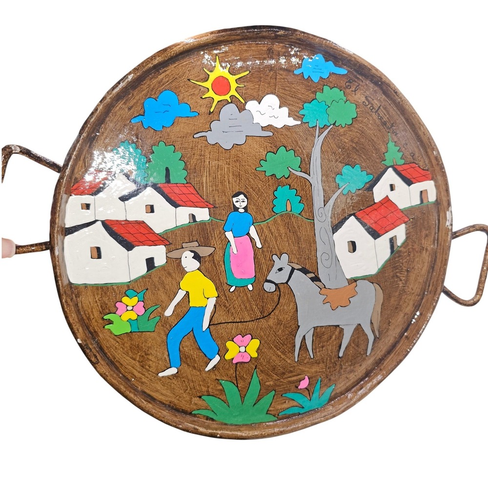 Vintage‎ El Salvador Hand Painted Folk Art Serving Tray Village Scene Donkey